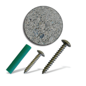 Two stainless steel truss head phillips screws, a plastic plug, and a masonry surface representation.
