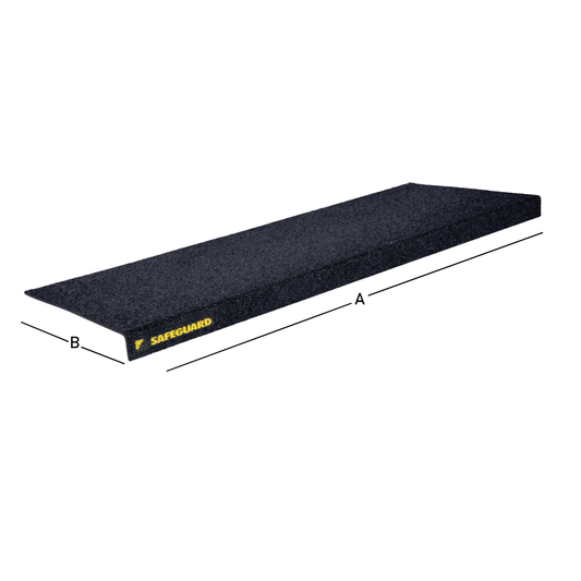 A black safeguard anti-slip step cover with visible dimensions labeled 'A' and 'B', designed to fit on a stair leading edge.