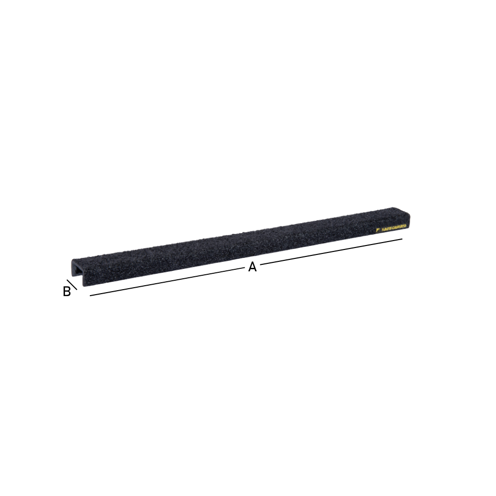A black channel-shaped safeguard  anti-slip ladder rung cover with visible measuring labels on its sides.