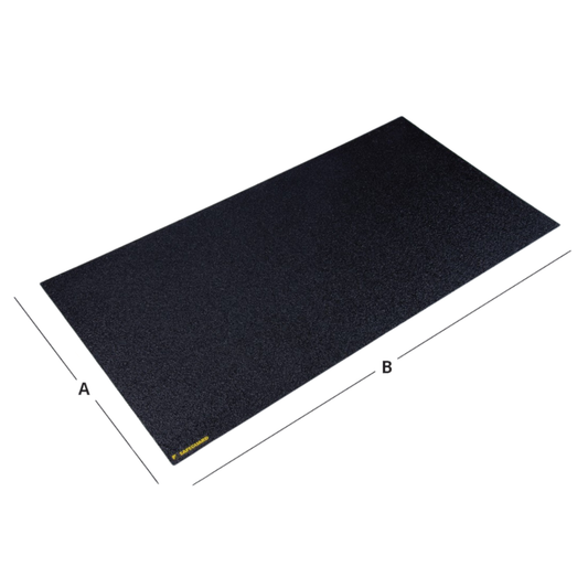 A black safeguard anti-slip  walkway cover laid flat on a surface, with dimensions labeled 'A' and 'B'.