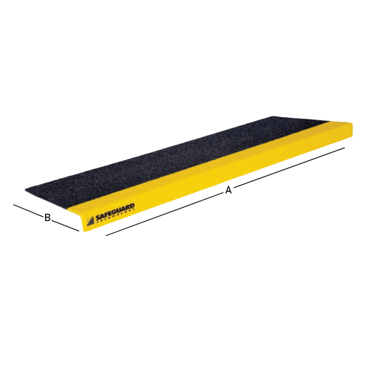 An anti-slip step cover with black traction surface and yellow border, marked  'Safeguard' 