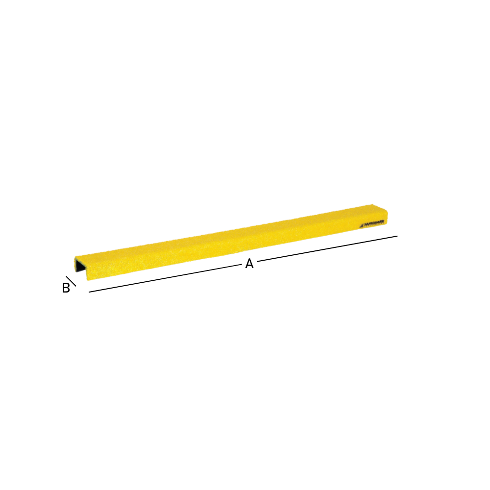 A yellow channel-shaped safeguard  anti-slip ladder rung cover with measurements labeled on the sides.