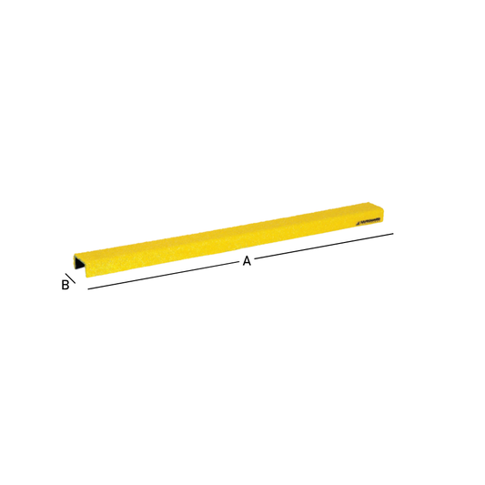 A yellow channel-shaped safeguard  anti-slip ladder rung cover with measurements labeled on the sides.