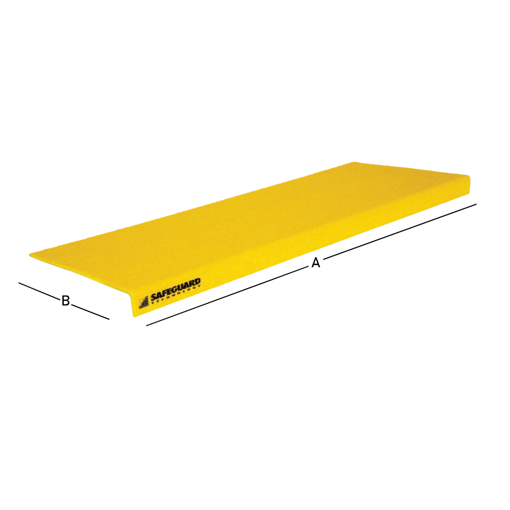 A yellow anti-slip step cover with visible dimensions labeled as 'A' and 'B'.