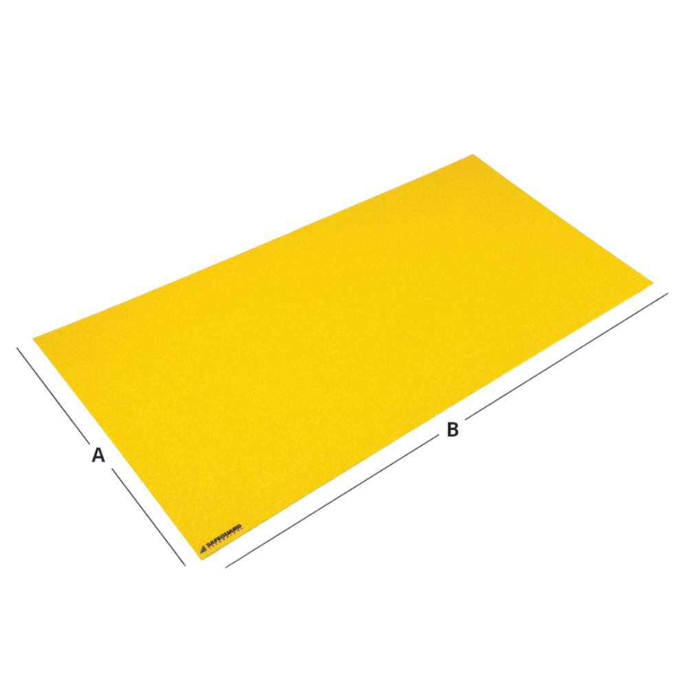 A yellow safeguard anti-slip  walkway cover laid flat on a surface, with dimensions labeled 'A' and 'B'.